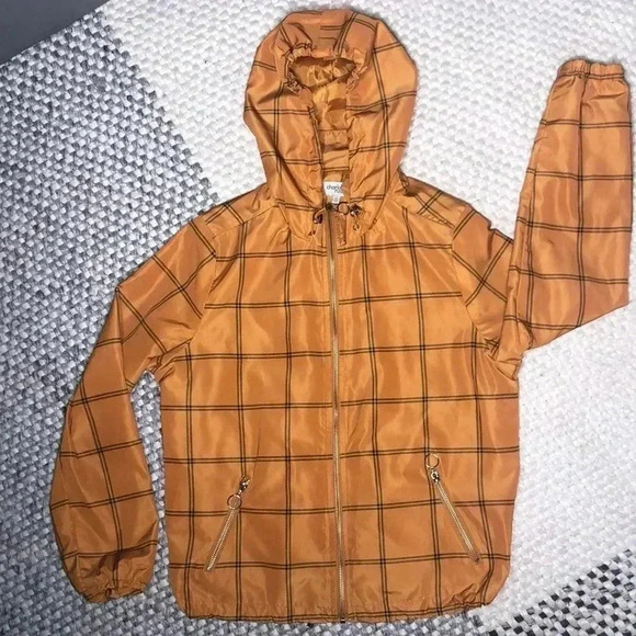 Charlotte Russe Womens Jacket Size M Orange Copper Black Plaid Hooded Raincoat​ - Picture 1 of 5